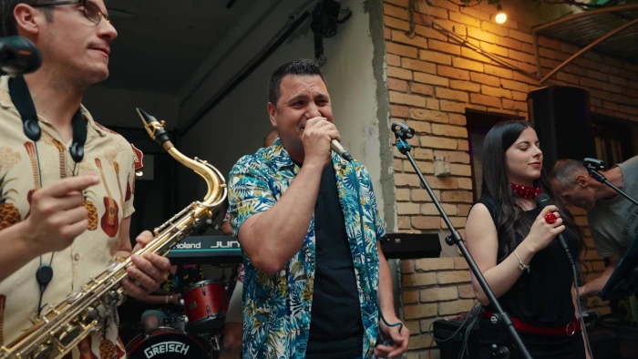 Close-up of musicians playing on stage