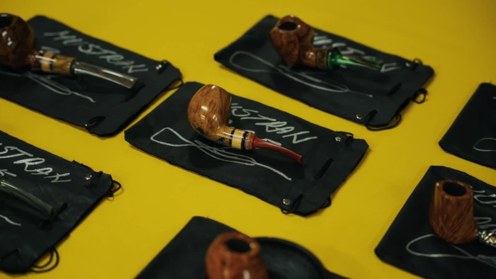 Detail of master pipe maker Daniel Mustran's exhibited works